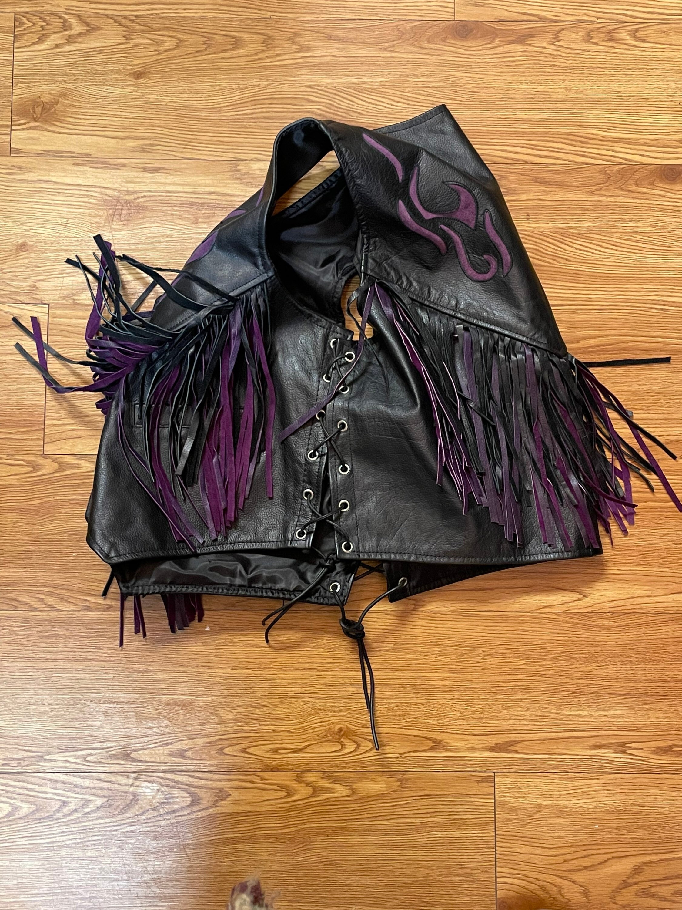 1980's / 1990's Black & Purple Leather Fringed Snap Vest
