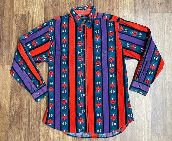 Chemise Vintage Western Frontier – Homme Taille L – Rayures Multicolores – Manches Longues
