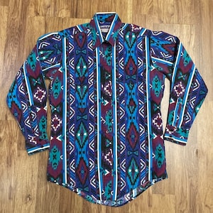 Vintage Funky Loud Colorful Southwest Western Geometric Pattern Button Down Cowboy Plainsman Shirt Mens M