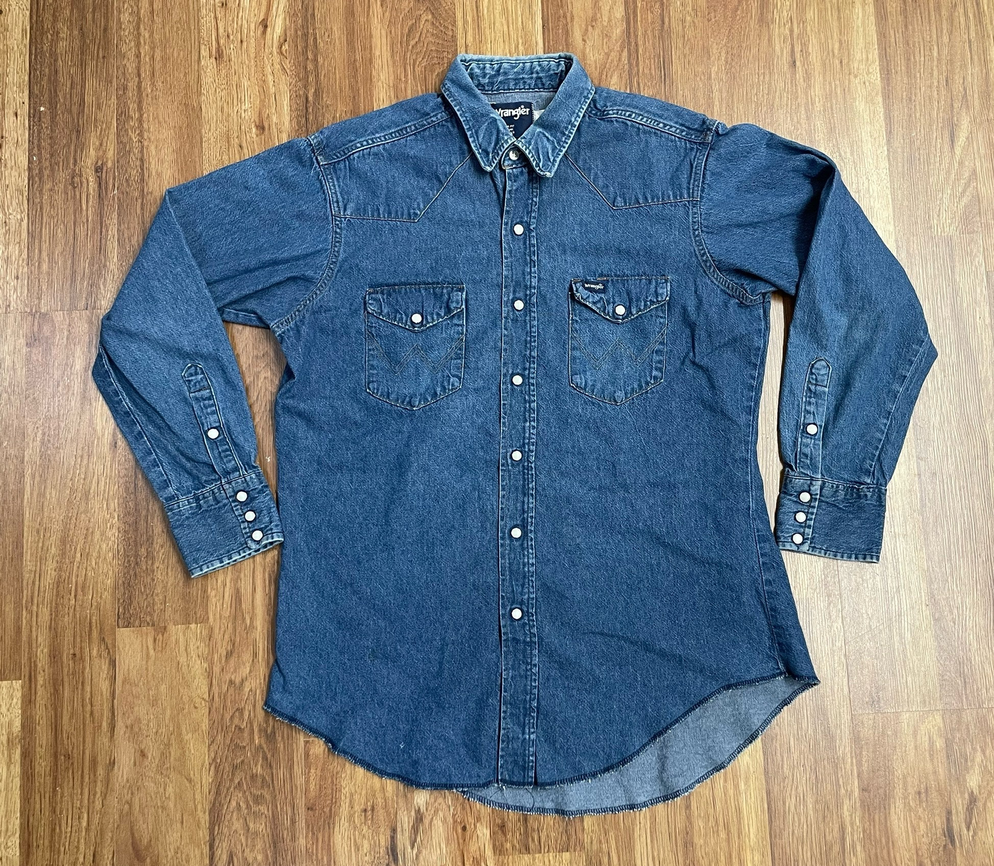 Vintage Wrangler Blue Denim Distressed and Broken-in Pearl Snap