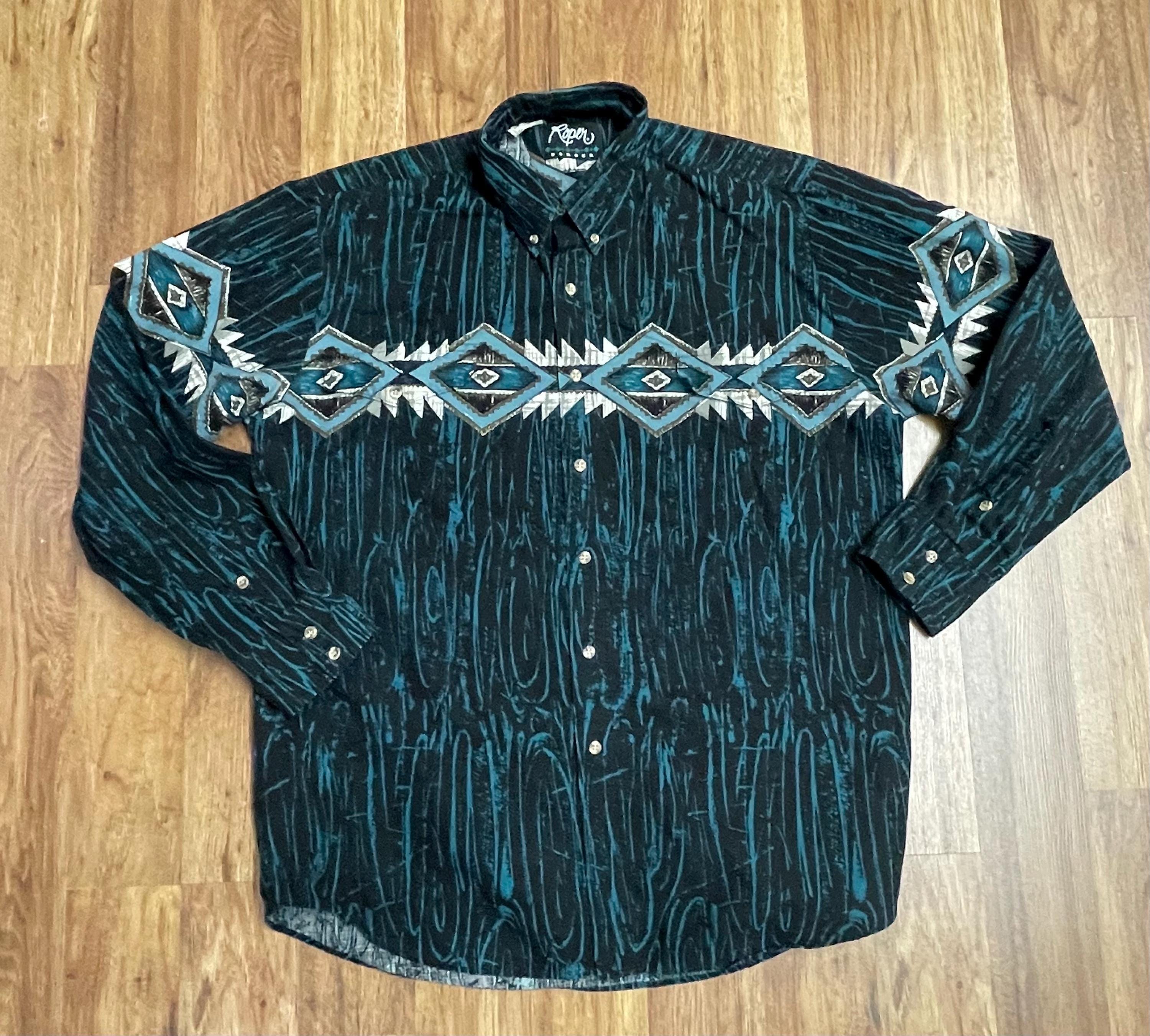 Vintage Roper Southwest Western Geometric Center Print Button Down