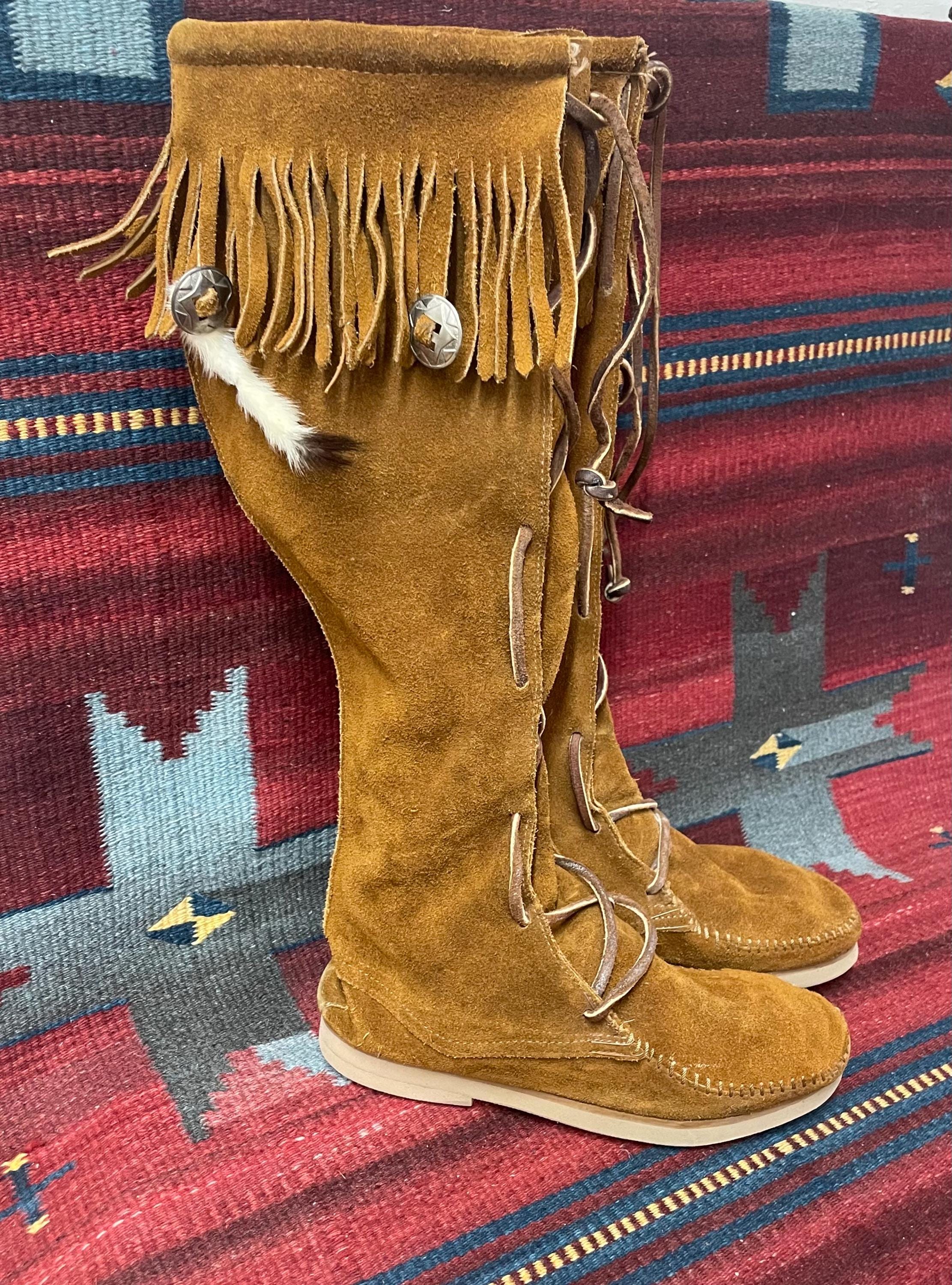 Vintage Minnetonka Brown Suede Fringe Customized Moccasins 