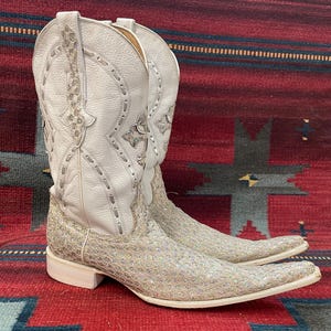 Vintage El General Białe skórzane buty kowbojskie Tribal Guarachero Pointy Western, rozmiar męski US 7 / rozmiar damski 9 (rozmiar meksykański 26)