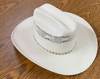 Vintage Sturdy Straw Bandora Cowboy Hat size 7 1/8 (Mexican size 57) Goldtone Trim Hat Band