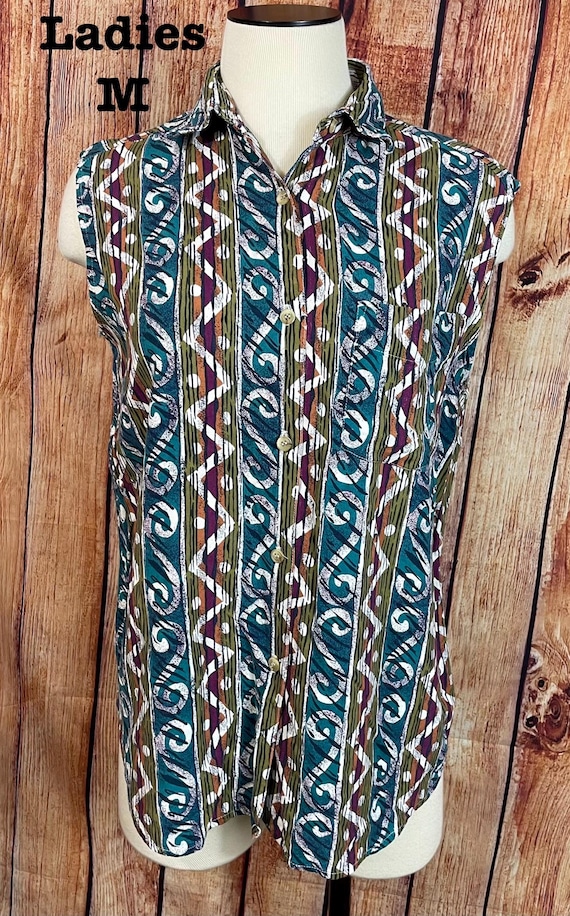 1980’s/ 1990’s  Button-Down patterned Sleeveless … - image 1