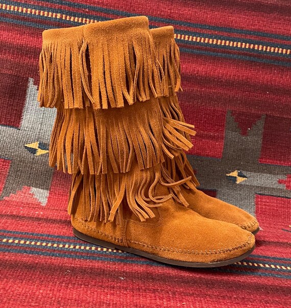 Bottes à Franges Minnetonka Pour Femme - Cuir Daim Marron - Taille 7 - Occasion - Style Western