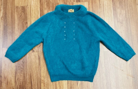 1950’s / 1960’s Vintage Angora Fuzzy Teal Sweater… - image 8