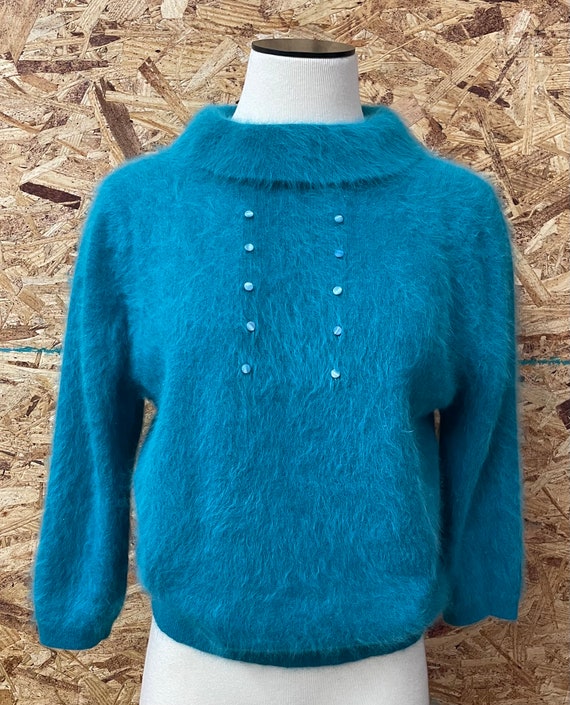 1950’s / 1960’s Vintage Angora Fuzzy Teal Sweater… - image 1