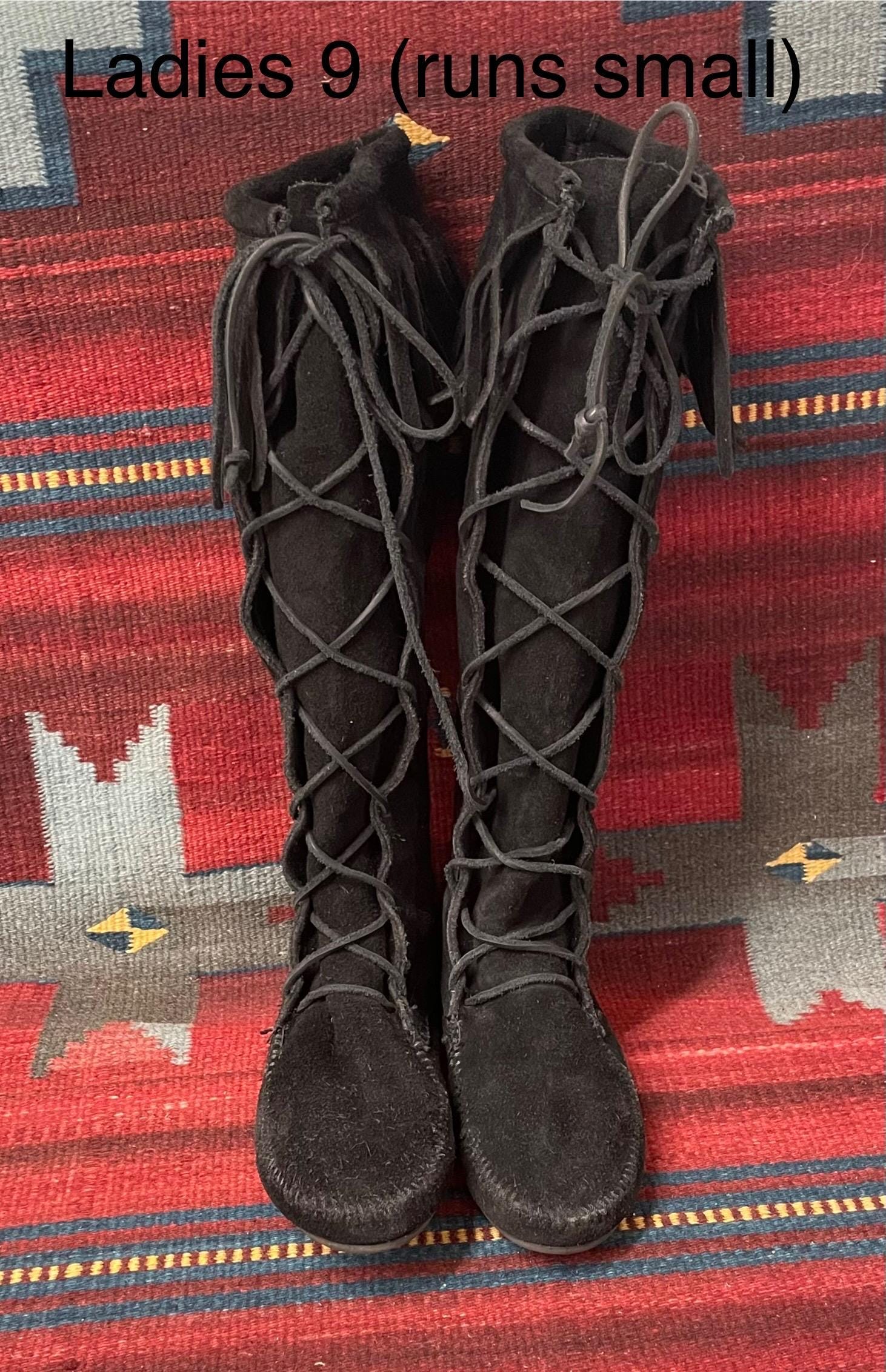 Minnetonka, Black Suede, Lace Up Front Knee High Boots, Fringe, 8 Minnetonka Bead Detail Boots | Mercari main image 4