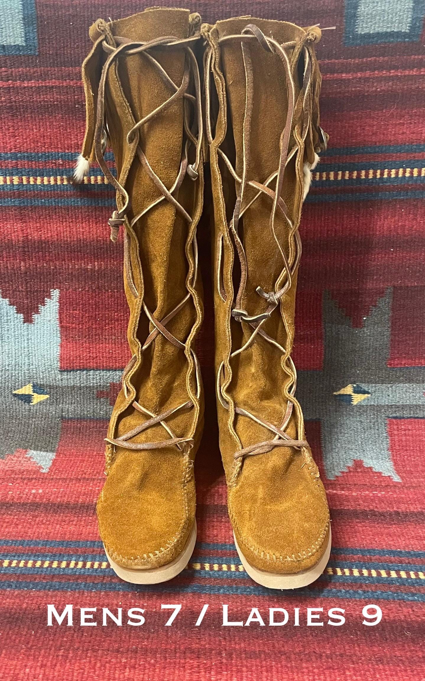 Vintage Taos Brown Suede Fringe Beaded Knee-high Moccasin Boot Men 10.5 Women 12 Vintage Minnetonka Brown Suede Fringe Customized Moccasins  main image 2