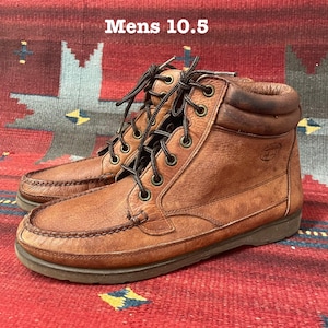 Vintage Men’s Brown Leather Moc Toe Boots size 10.5 Comfy Rubber Soles