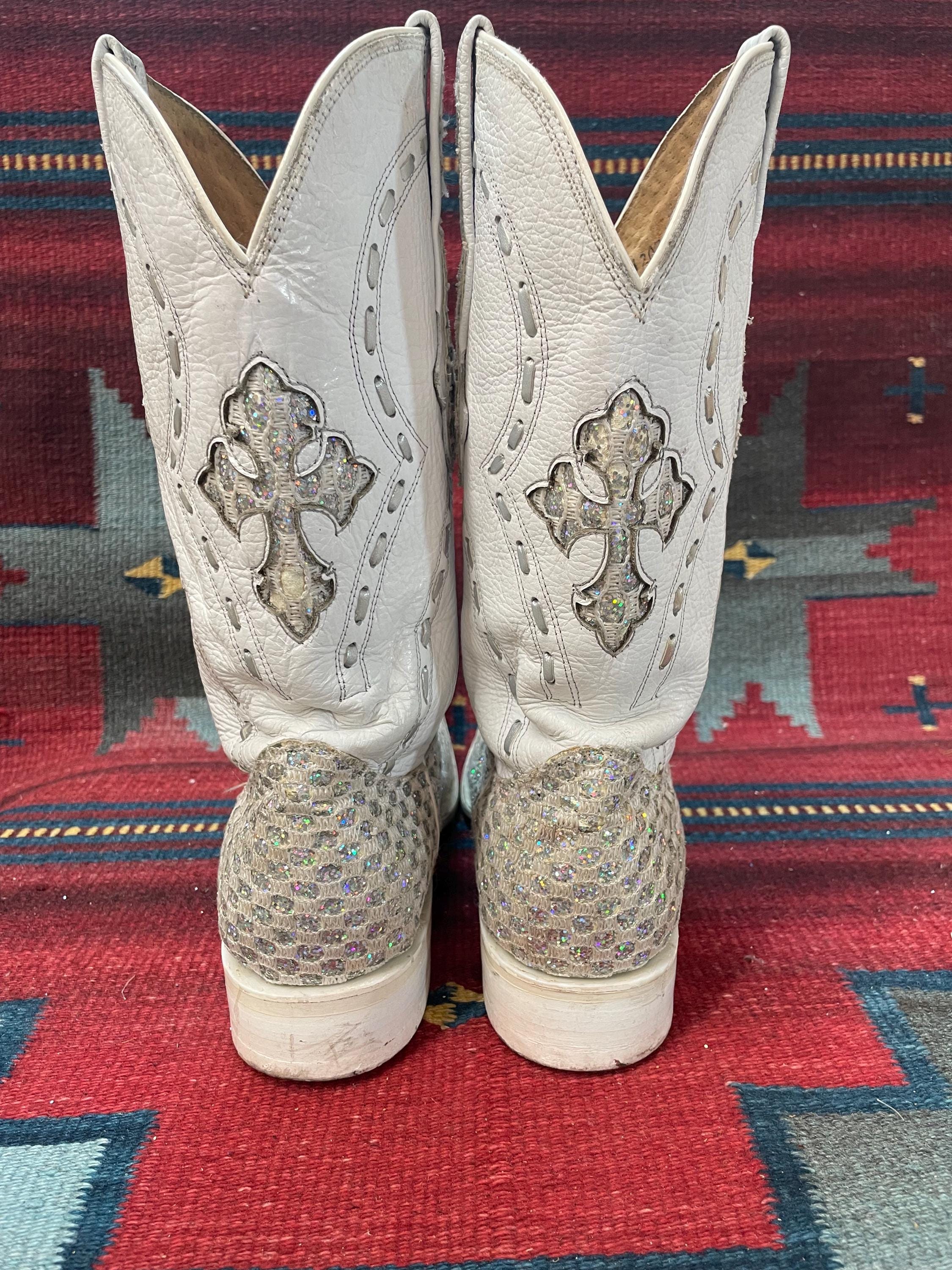 Vintage El General White Leather Sparkle Tribal Guarachero 
