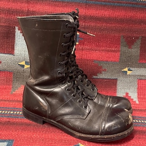 1960’s Men&#39;s 12 Hole Vietnam era Corcoran Black Leather Cap Toe Combat Jump Boots Very Broken-in and Distressed Men’s size 11 D