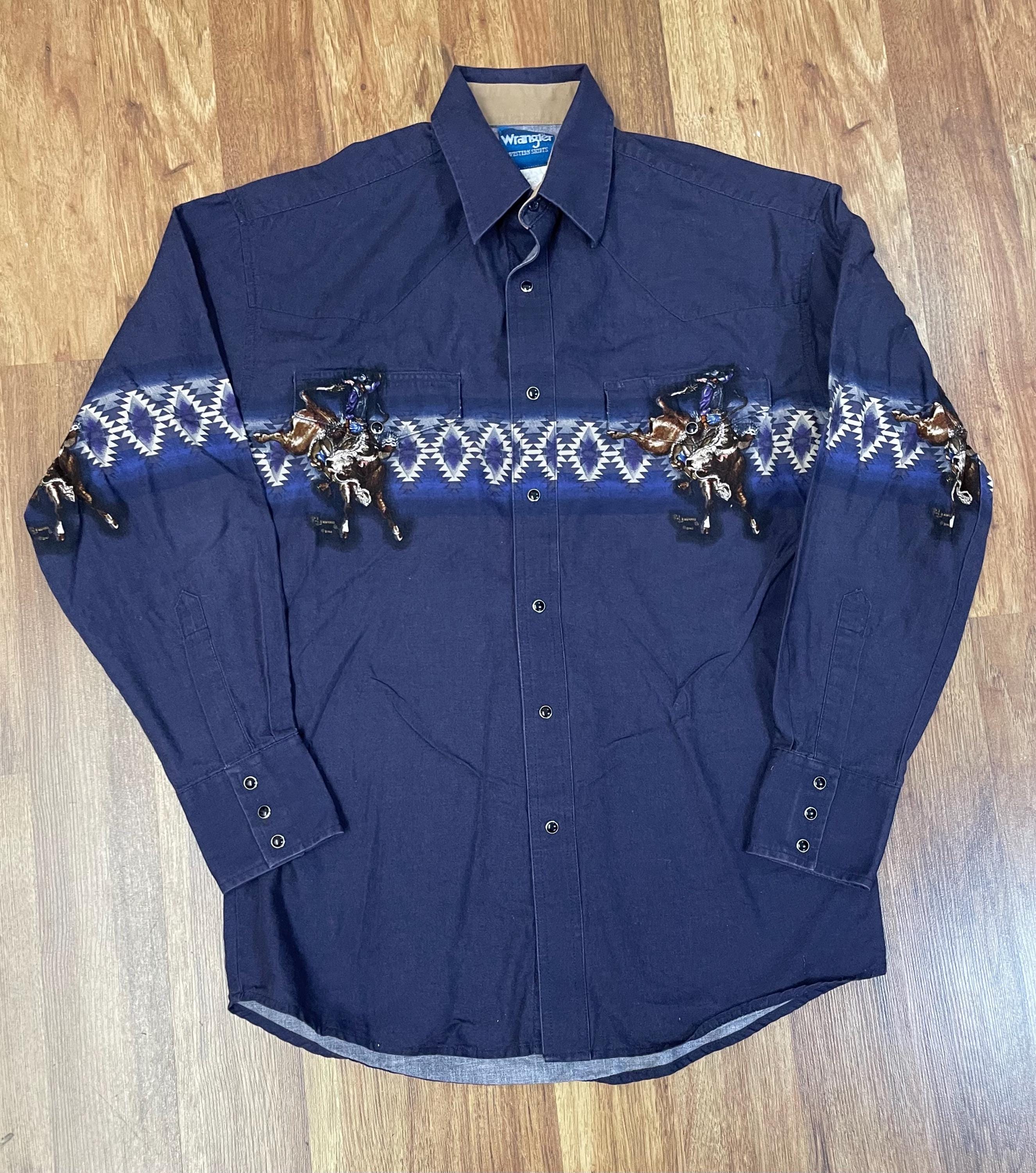 Chemise Vintage Wrangler Homme Taille L - Bleu à Carreaux, Western, Snaps Cowboy