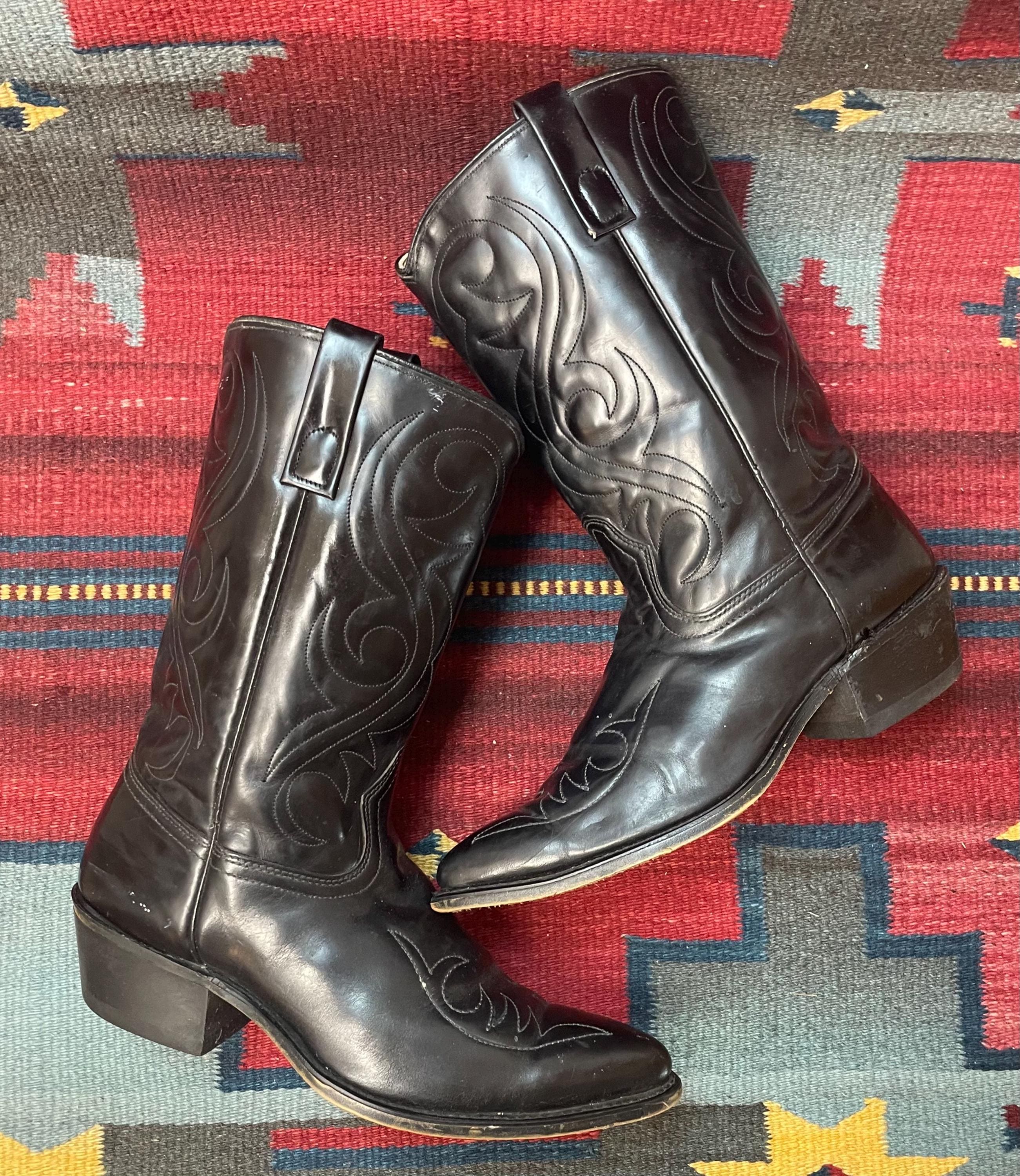 1970's Men's Vintage Black Leather Acme Western Cowboy Flat Top
