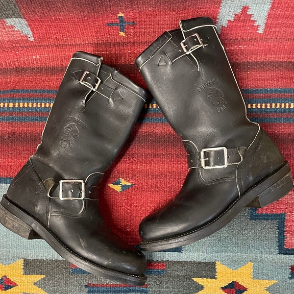 Bottes Moto Carolina Engineer Boots - Cuir Noir Vintage, Taille EU 43 / US 10, Style Motard Rockabilly