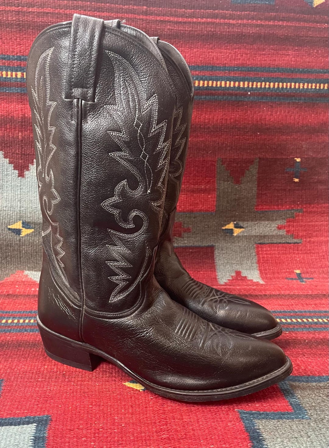 Bottes Cowboy Vintage Dan Post Cuir Noir – Homme Pointure 8.5 – Fabriquées USA