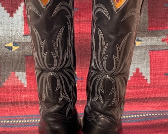 Bottes De Cowboy Vintage En Cuir Noir HH - Taille US 9 (EU 42), Occasion Très Bon état, Fait Main USA, Talons