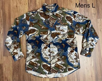 Chemise vintage en flanelle Woolrich à imprimé animal pour homme, taille L Extérieur / Camping / Pêche / « Ring Neck Creek Hunt Club » Fabriquée aux États-Unis