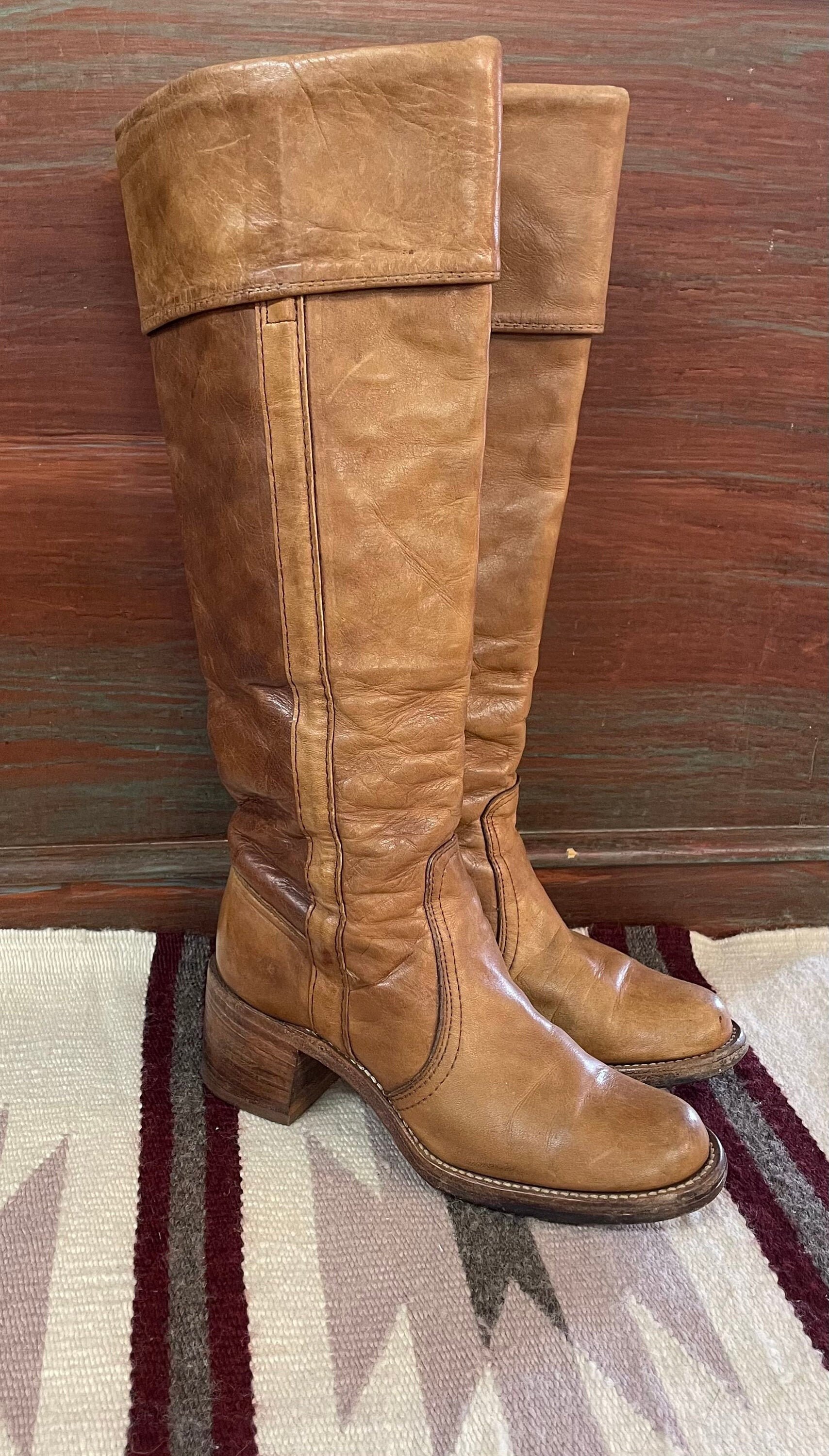 Vintage Frye Black Label Tan Leather Tall Campus Boots Sz 5 B 70s Riding