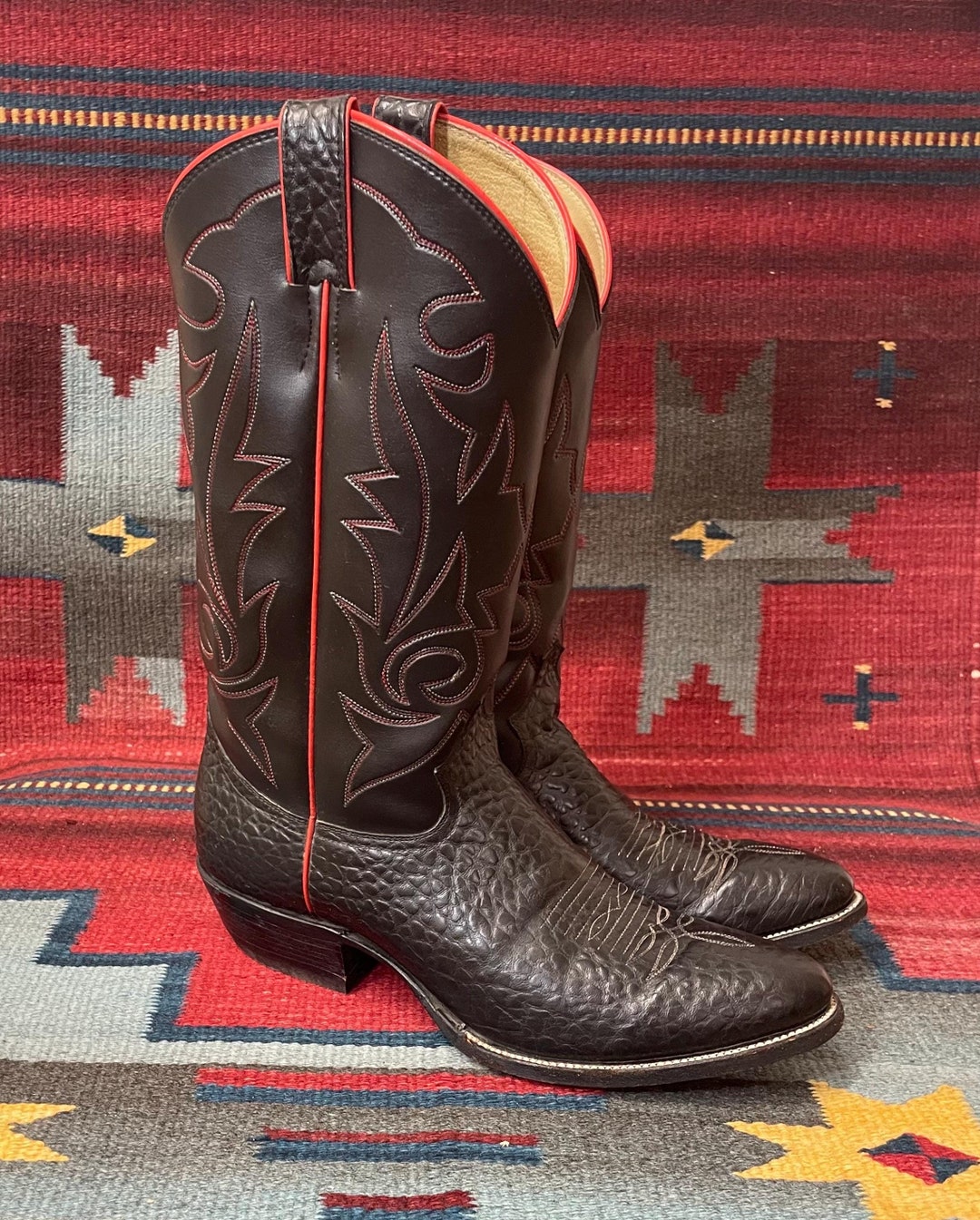 Men's Vintage Justin Diamond J Black and Red Western Cowboy Boots Men's Vintage Justin Diamond J Black and Red Western Cowboy Boots