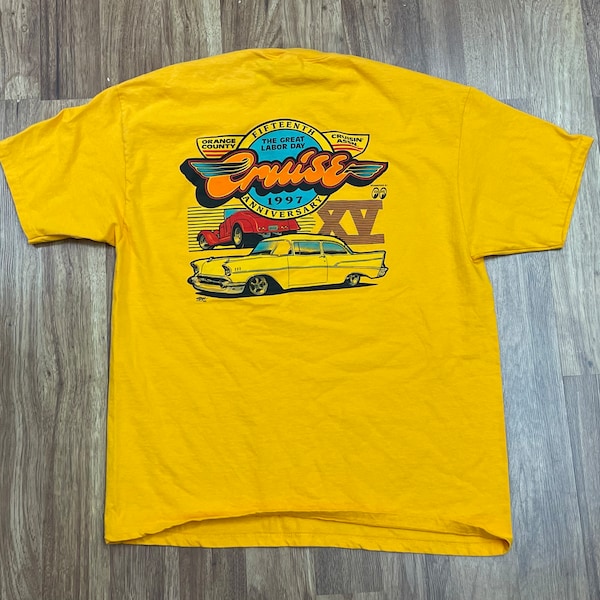 Vintage 1990’s Orange County Classic Cruisin’ Assn Car Club Labor Day Cruise Yellow Gold T-shirt size XL