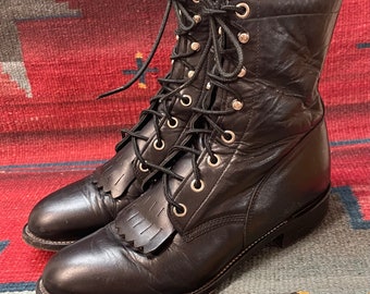 Ladies Vintage Black Leather Made In USA Justin Western Cowgirl Kiltie Roper Boots size 6.5 C