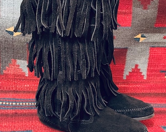 black fringe womens boots