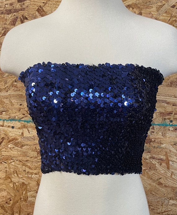 Vintage Disco Sequined Navy Blue cropped Tube Top… - image 1