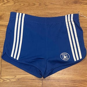 May include: Royal blue athletic shorts with white stripes down the sides. The shorts have an elastic waistband and a small logo on the left leg. The shorts are made of a lightweight material.