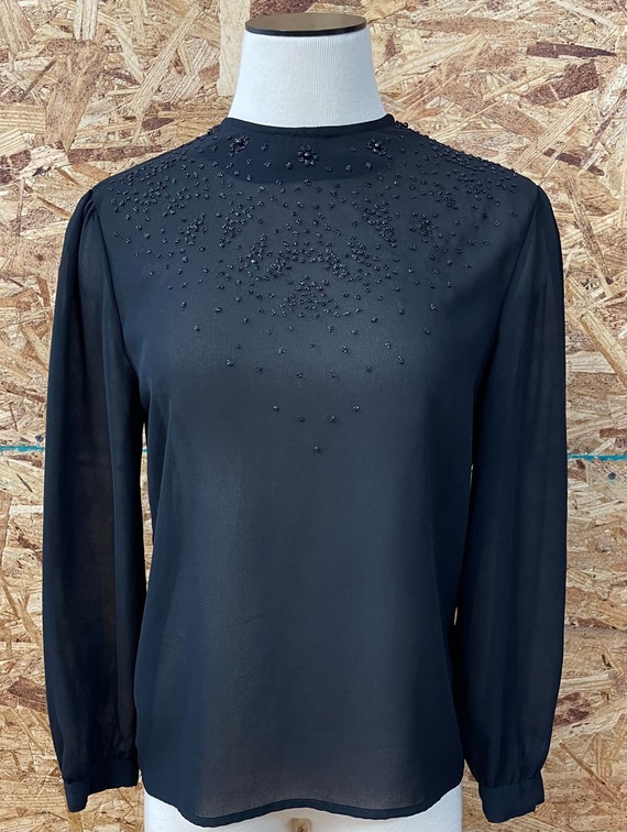 1980’s Black Sheer Polyester crêpe Blouse with Bea