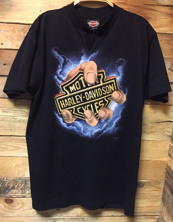 3D Emblem Vintage 1990s Harley Davidson Lightning Hand Logo T 