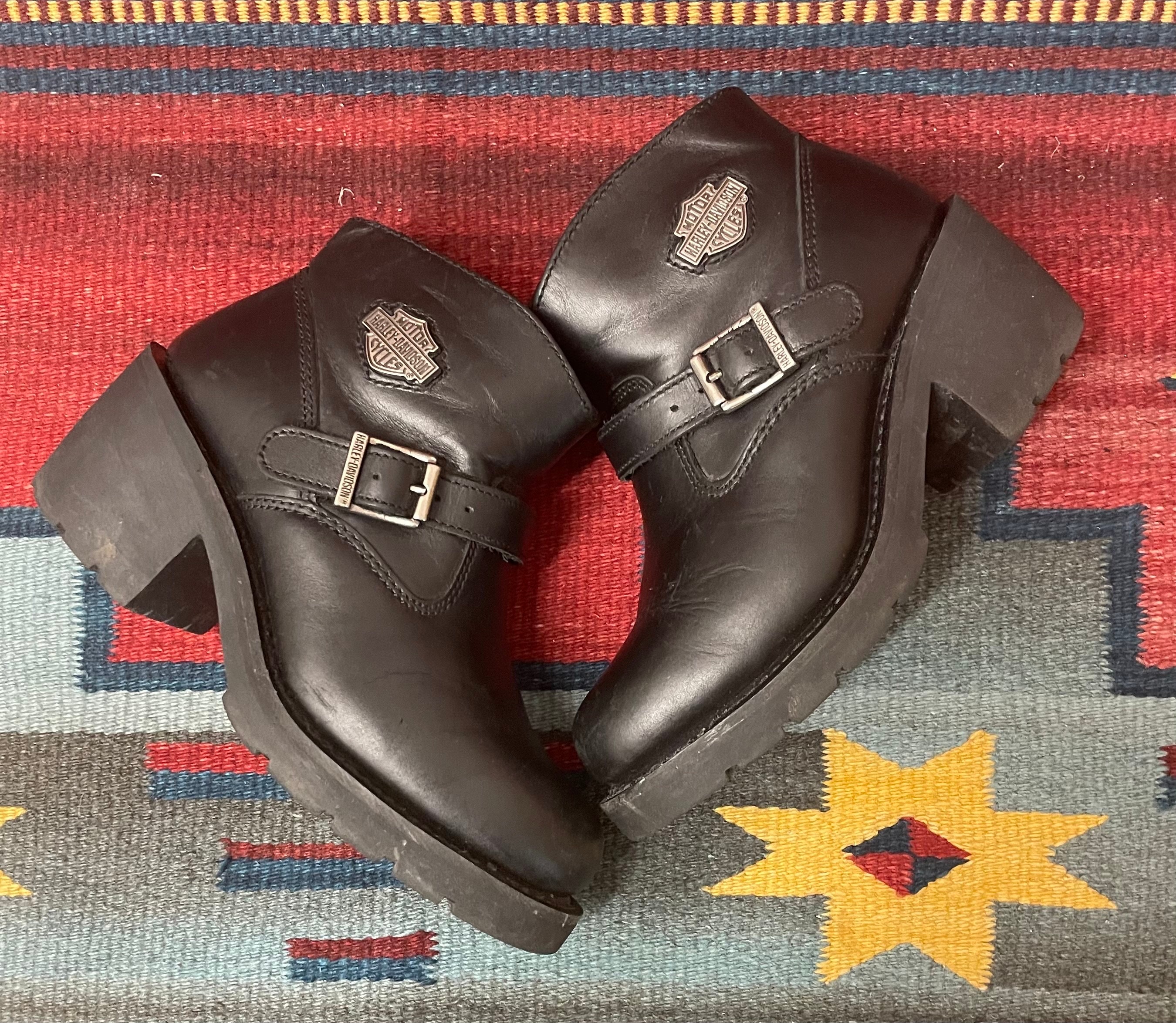 Ladies Vintage Harley Davidson Chunky Heel Black Leather Zip Ladies Vintage Harley Davidson Chunky Heel Black Leather Zip