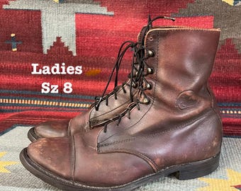 Broken-In Ladies Vintage Brown Leather Work Wear Lacer  Boots US size 8 Made In Canada