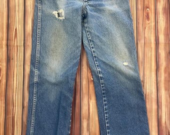 Pantalones vaqueros Wrangler Patch Kids vintage desgastados, talla 10 (medidas: 25” x 27.5”)