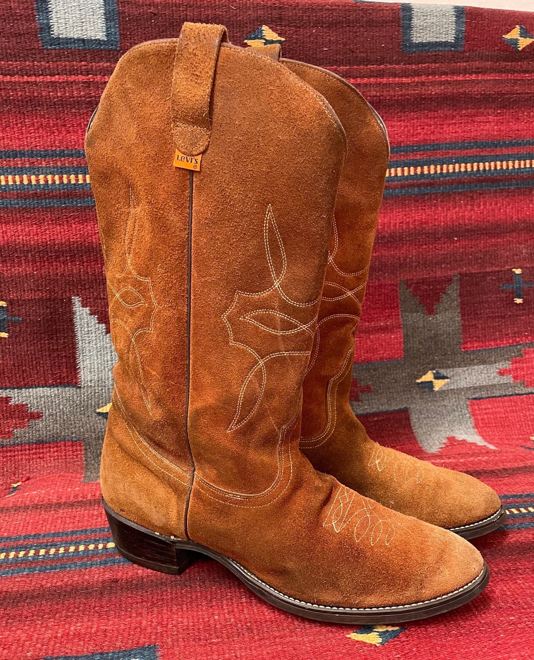 70s Vtg Black Suede Leather Pull on Mic Calf Cowboy Boot