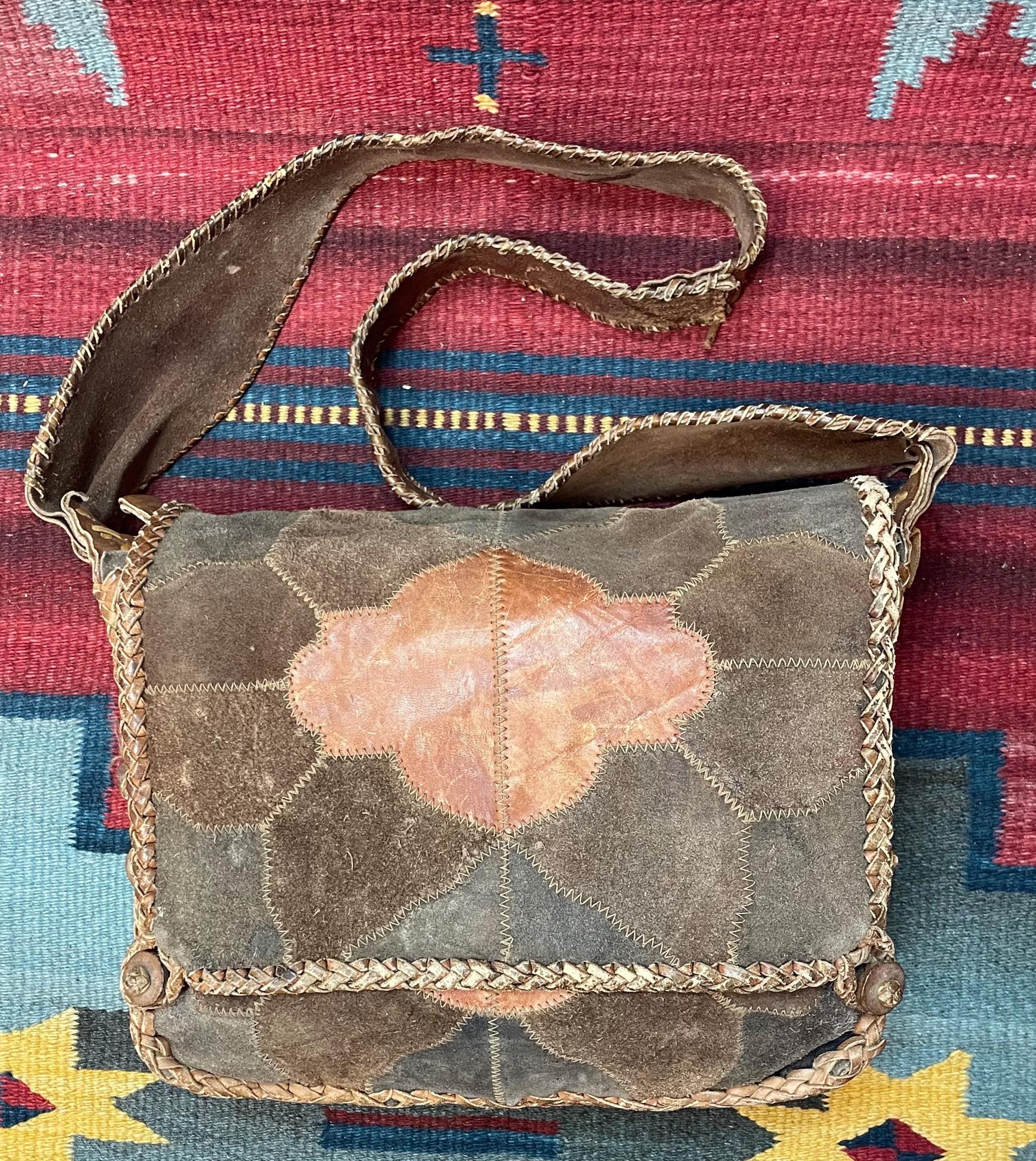 70s ビンテージ ヒッピー パッチワーク レザー ショルダーバッグ