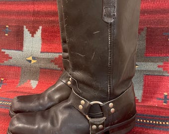 Broken-In Vintage Mens size 10.5 Double H Black Leather Square Toe Harness Moto Engineer Boots
