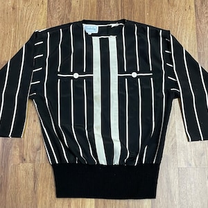 1980’s Artsy Black and White Striped Loose Oversized Silky Banded Top size M