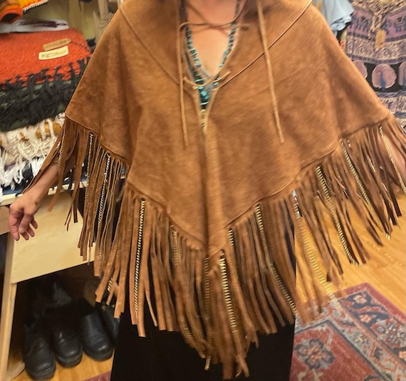 Incredible 1960’s Suede zipper Fringe Hippie Ponc… - image 2