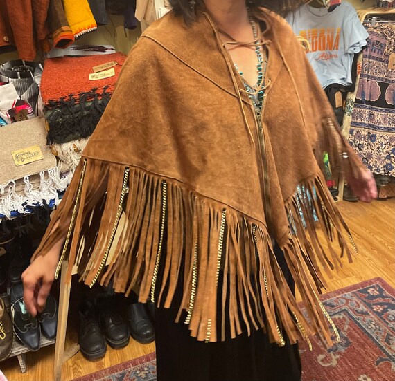 Incredible 1960’s Suede zipper Fringe Hippie Ponc… - image 10