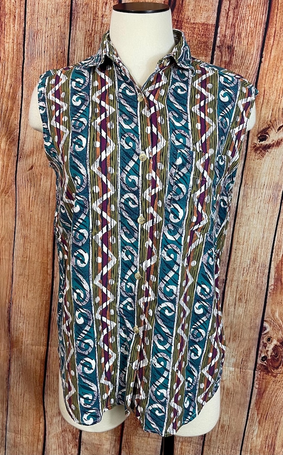 1980’s/ 1990’s  Button-Down patterned Sleeveless … - image 4