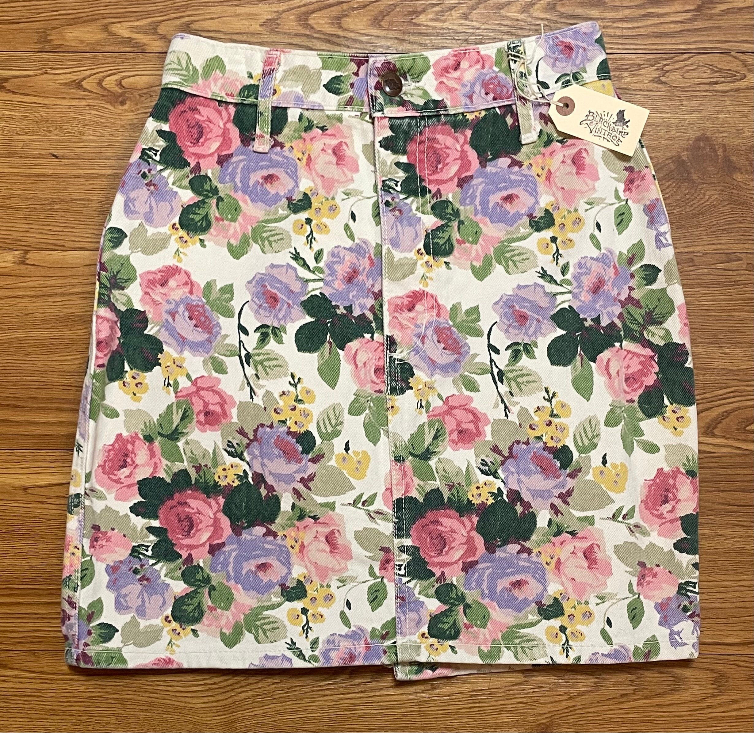 Minijupe en jean fleuri Bongo Made in USA des années 1980/1990 taille XS