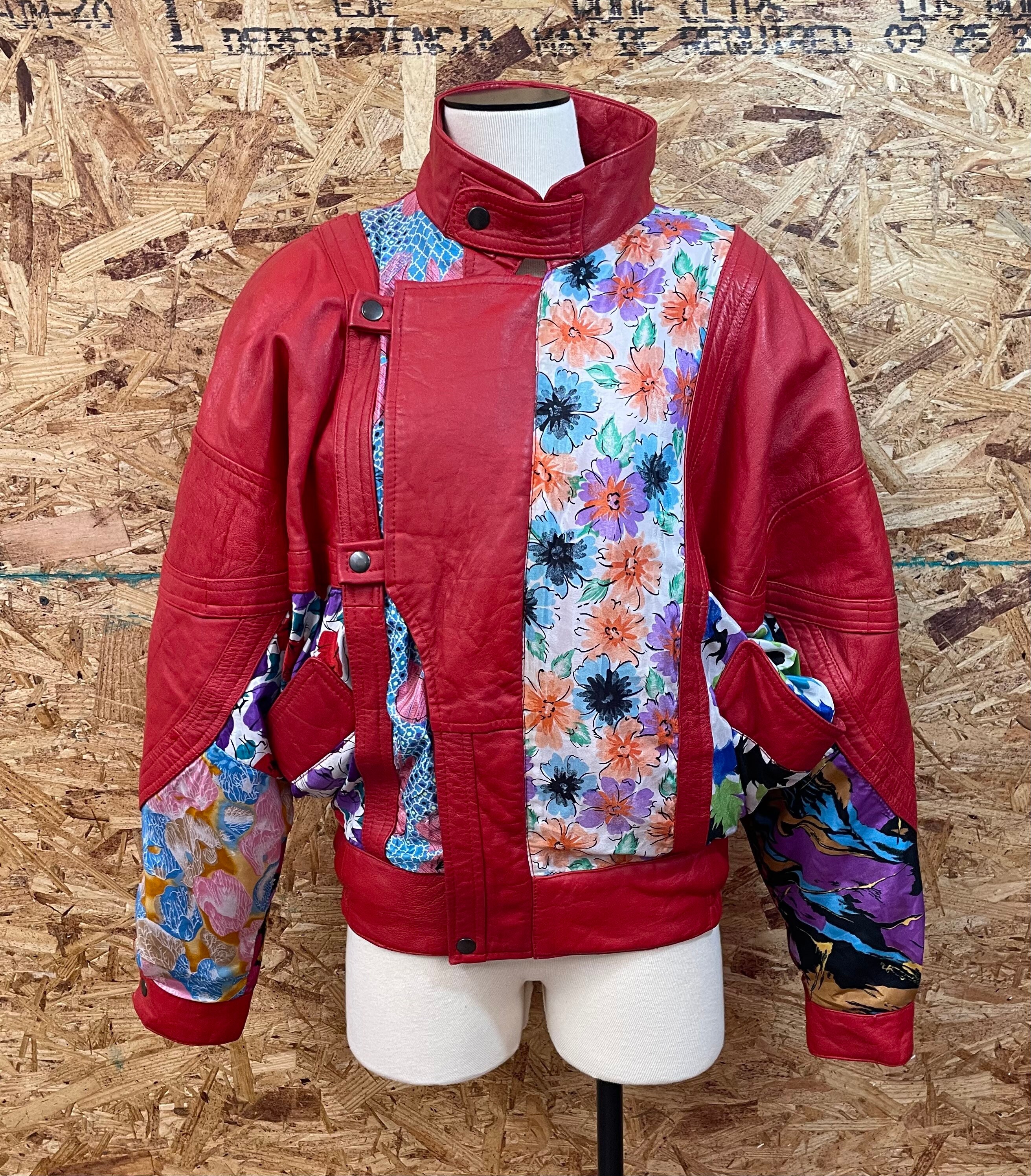 Funky and Unique 1980s Vintage Cherry Red Leather & Patterned Silk  Padded Leather Jacket Ladies size S / M