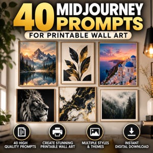 Könnte beinhalten: Eine digitale Sammlung mit dem Titel 40 MIDJOURNEY PROMPTS FOR PRINTABLE WALL ART mit sechs gerahmten Bildern: ein Bergsee, goldgeäderte Blätter, ein griechisches Küstendorf, ein Löwenporträt, schwarz-goldener Marmor und ein nebliger Wald.