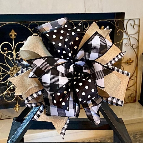 Everyday Lantern Bow Everyday Wreath Bow Decor Bow Everyday Bow Farmhouse Bow Rustic black Bow Tan Black White Buffalo Plaid