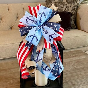 Patriotic Nautical July 4th Memorial Day Veteran’s Day Americana Lantern Bow Candle Decor Wreath Bow Red White Blue