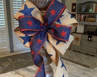 Patriotic Lantern Bow Decor Bow Fourth of July Bow Americana Bow Independence Day Bow Red Blue Sparkle Bow Decor Bow Wreath Bow Candlestick