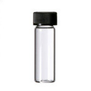 May include: A clear glass vial with a black screw-on lid. The vial is approximately 2 inches tall and 1 inch in diameter.
