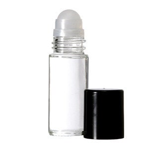 May include: A clear glass roller bottle with a black cap. The bottle is empty and ready to be filled with essential oils or perfume.